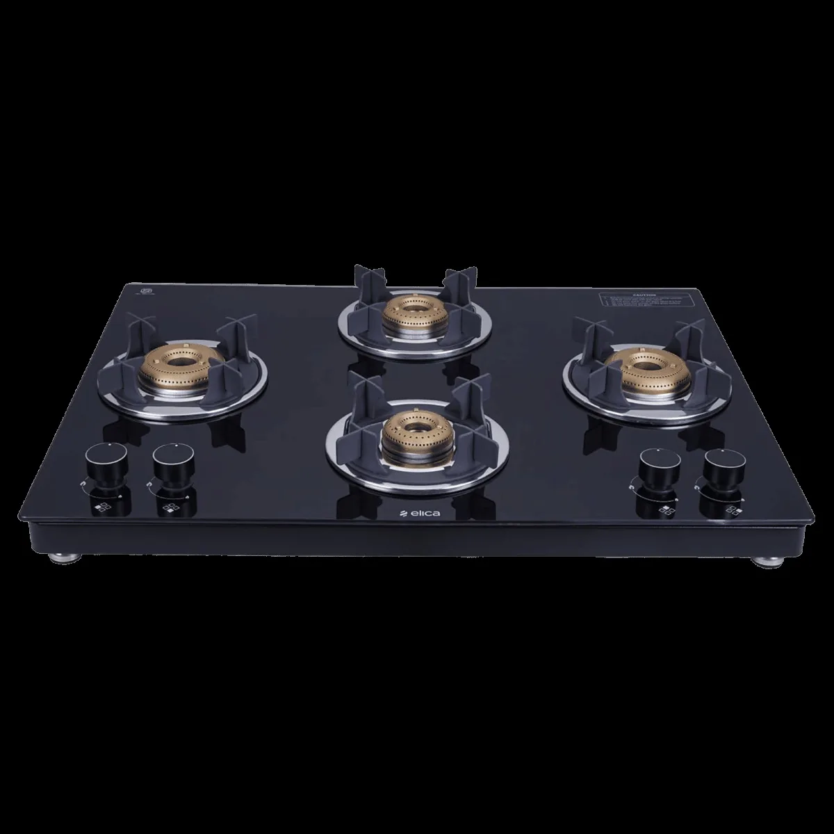 elica 694 CT VETRO 2J (TKN CROWN DT AI) Toughened Glass Top 4 Burner Automatic Gas Stove ( Euro-Coated Crown Pan Support, Black)