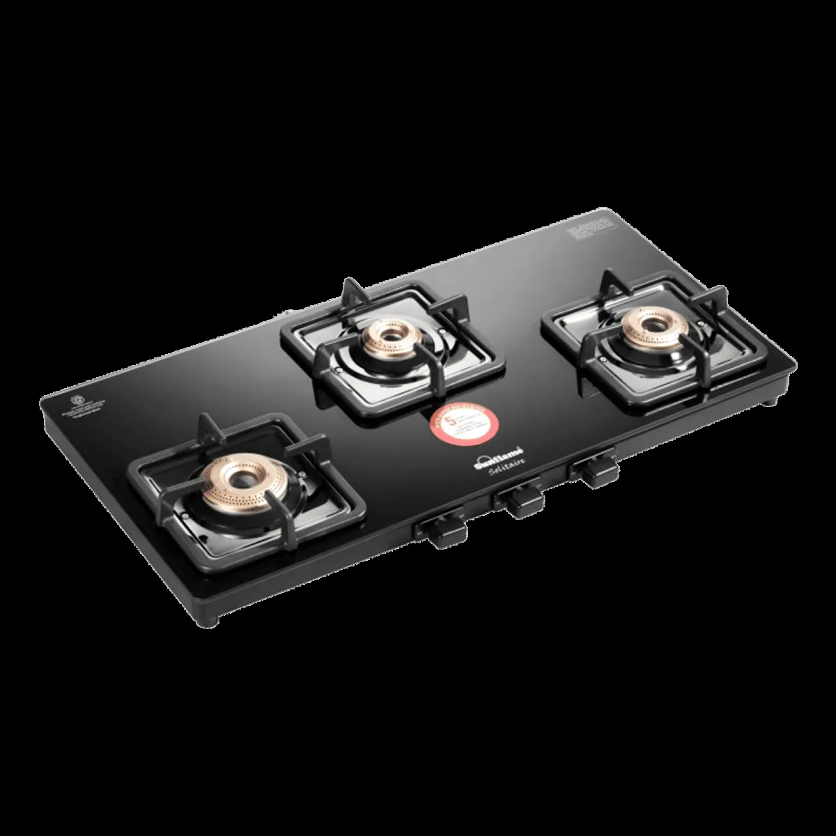 Sunflame Solitaire Tempered Glass Top 3 Burner Manual Gas Stove (Forged Brass Burners, Black)