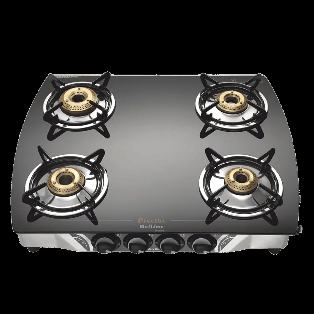 Preethi Bluflame Jumbo Toughened Glass Top 4 Burner Manual Gas Stove (ISI Certified, Balck)