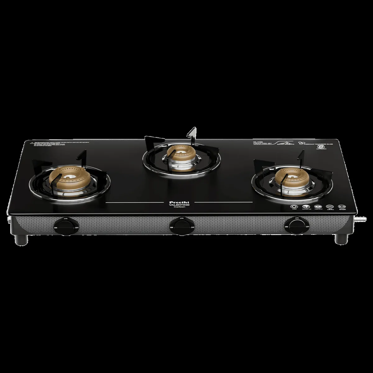Preethi Valentino Carbon Tempered Glass Top 3 Burner Manual Gas Stove (ISI Certified, Black)