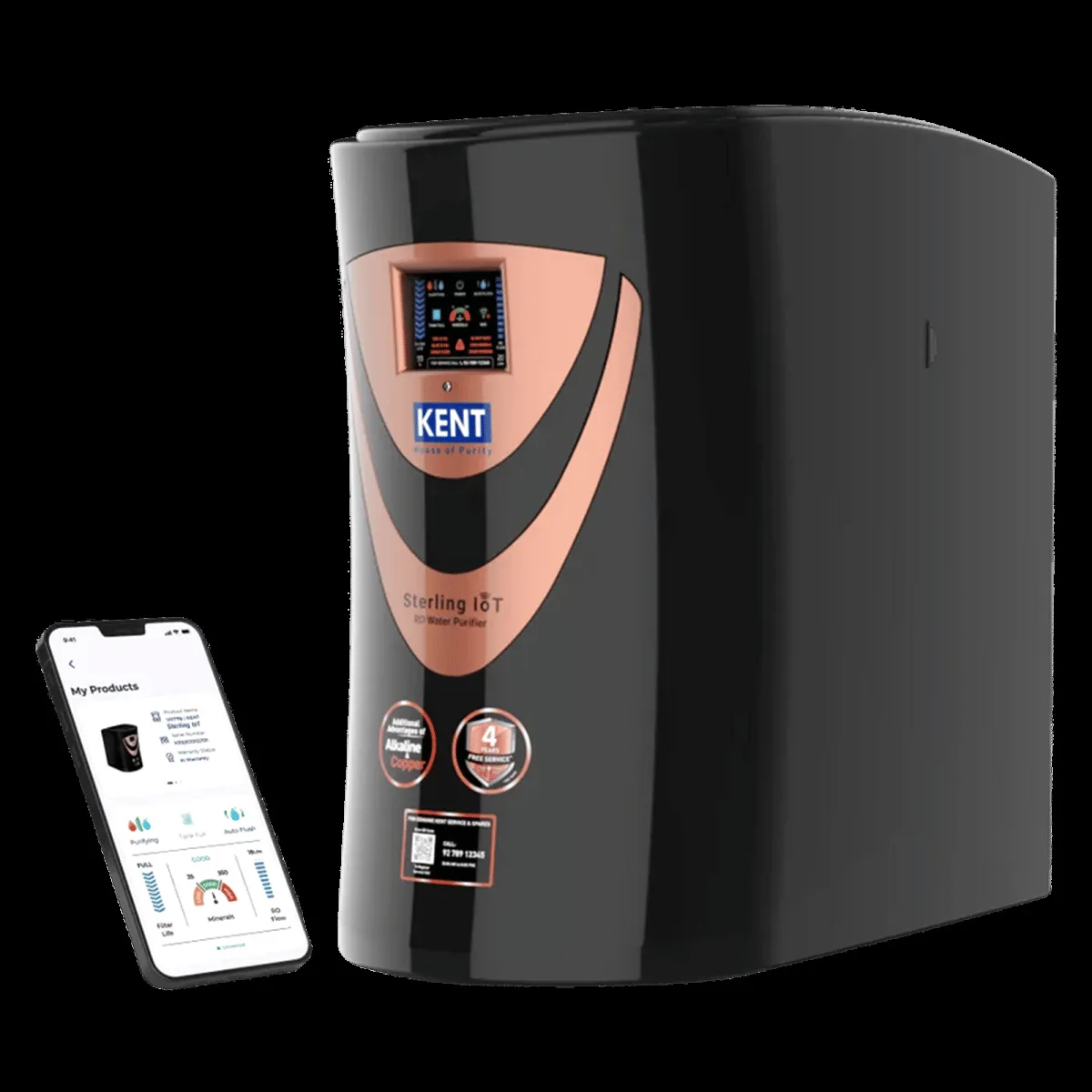 KENT Sterling 6L RO + UV + UF + Alkaline + Copper + TDS Control Water Purifier with Real Time Display of Water Quality & Filter Life (Black)