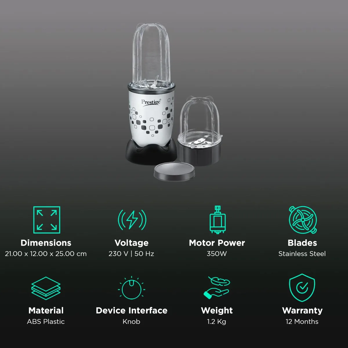 Prestige Nutri-Mix 2.0 350 Watt 2 Jars Mixer Grinder (Dual Safety Inter-Lock System, Black & Grey)