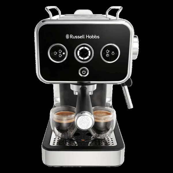 Russell Hobbs Distinctions 1350 Watt 2 Cups Semi Automatic Espresso Coffee Maker with Milk Frother Steam Wand (Black)