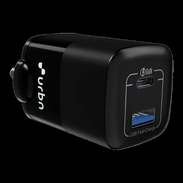 urbn Nano Bolt 65W Type A & Type C 2-Port Fast Charger (Adapter Only, GaN Pro Technology, Black)
