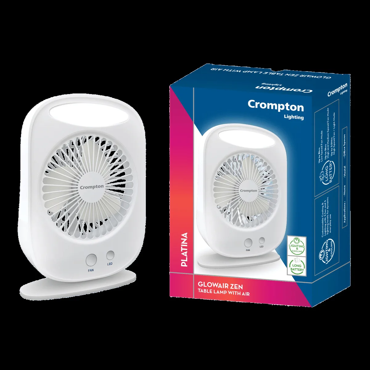 Crompton Glowair Zen 130mm 3 Blade Rechargeable Portable Fan with 2200mAH Battery (Lightweight, White)