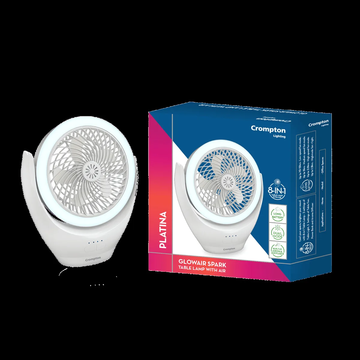 Crompton Glowair Spark 220mm 5 Blade Rechargeable Portable Fan with 2200 mAh Battery (Built-in Aroma Diffuser, White)