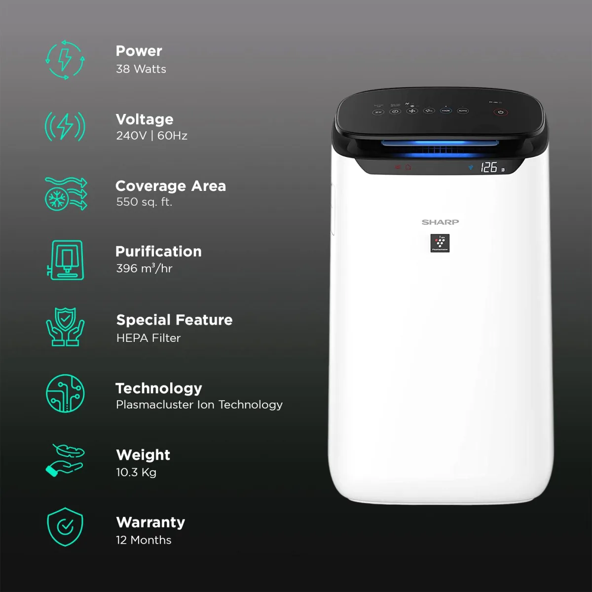 SHARP FP-J60M-W Air Purifier with Plasmacluster Ion Technology (PM 2.5 Indicator, White)