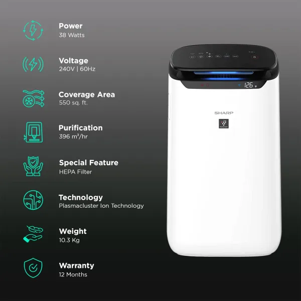 SHARP FP-J60M-W Air Purifier with Plasmacluster Ion Technology (PM 2.5 Indicator, White)