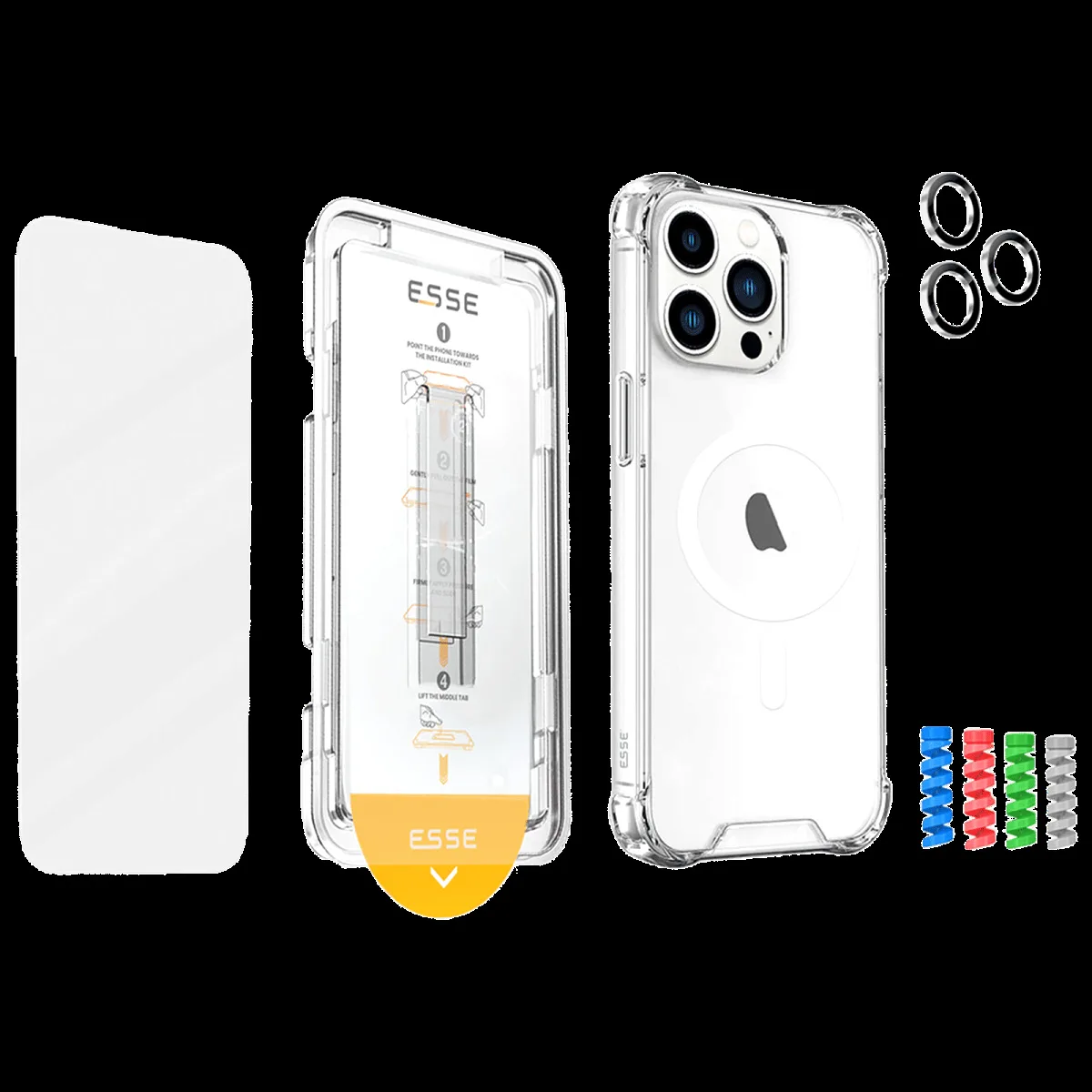 ESSE Armor360 Tufskin MagSafe Case, Tempered Glass, Cam and Cable Protector 4in1 Combo for iPhone 15 Pro (Anti Glare Glass, Transparent)