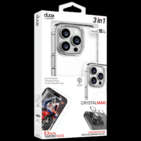 GRIPP Duce TPU Plus PC MagSafe Case, Tempered Glass and Camera Lens Protector Combo for Apple iPhone 16 Pro Max (Supports Wireless Charging, Clear)