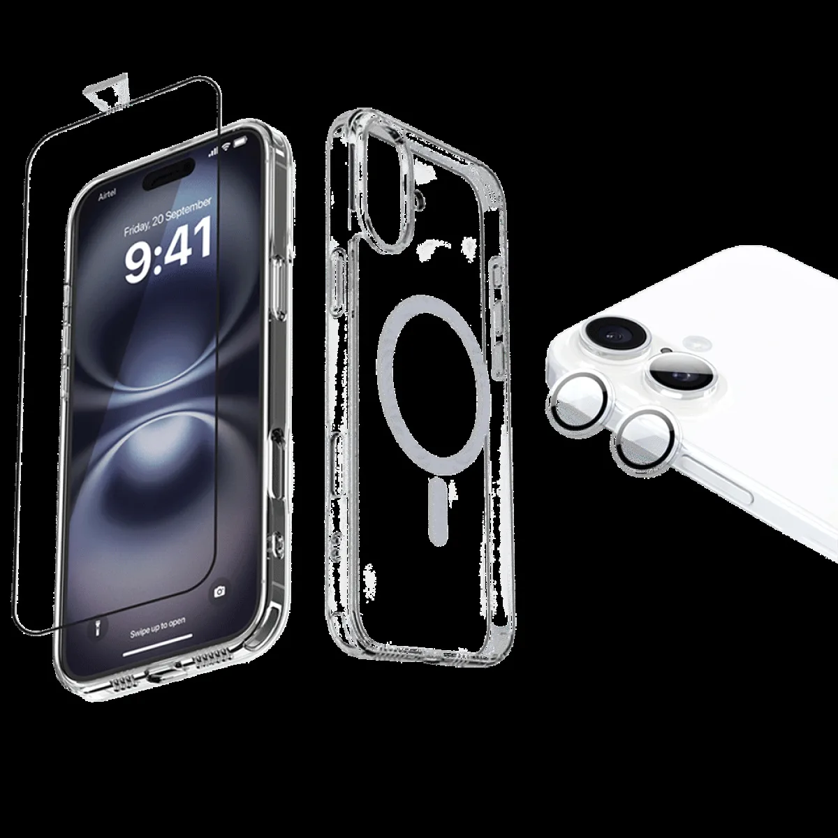 Dr. Vaku Tempered Glass, TPU Back Cover & Camera Lens Protector Combo for Apple iPhone 16 Plus (Supports Wireless Charging, Transparent)