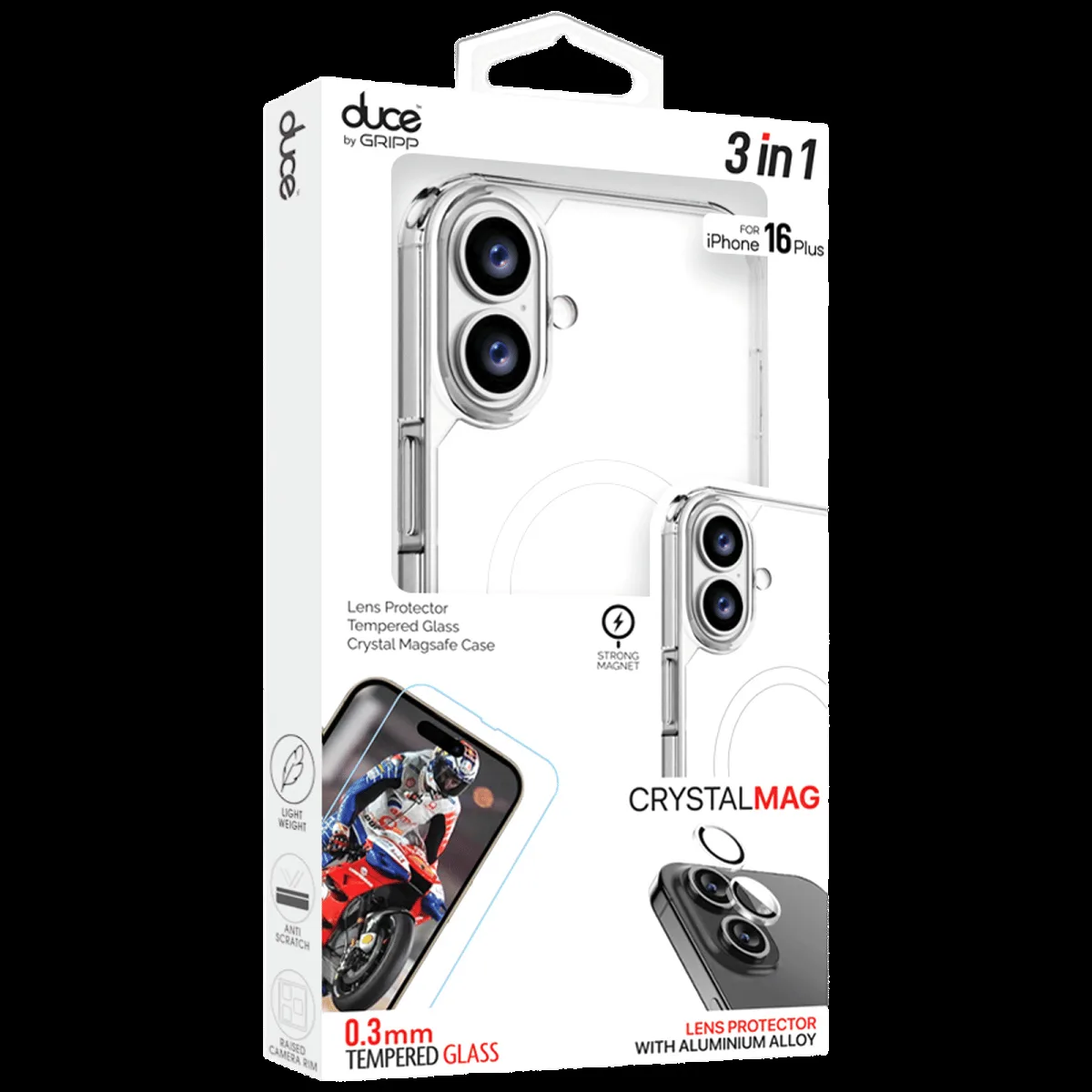 GRIPP Duce TPU Plus PC MagSafe Case, Tempered Glass and Camera Lens Protector Combo for Apple iPhone 16 Plus (Supports Wireless Charging, Clear)