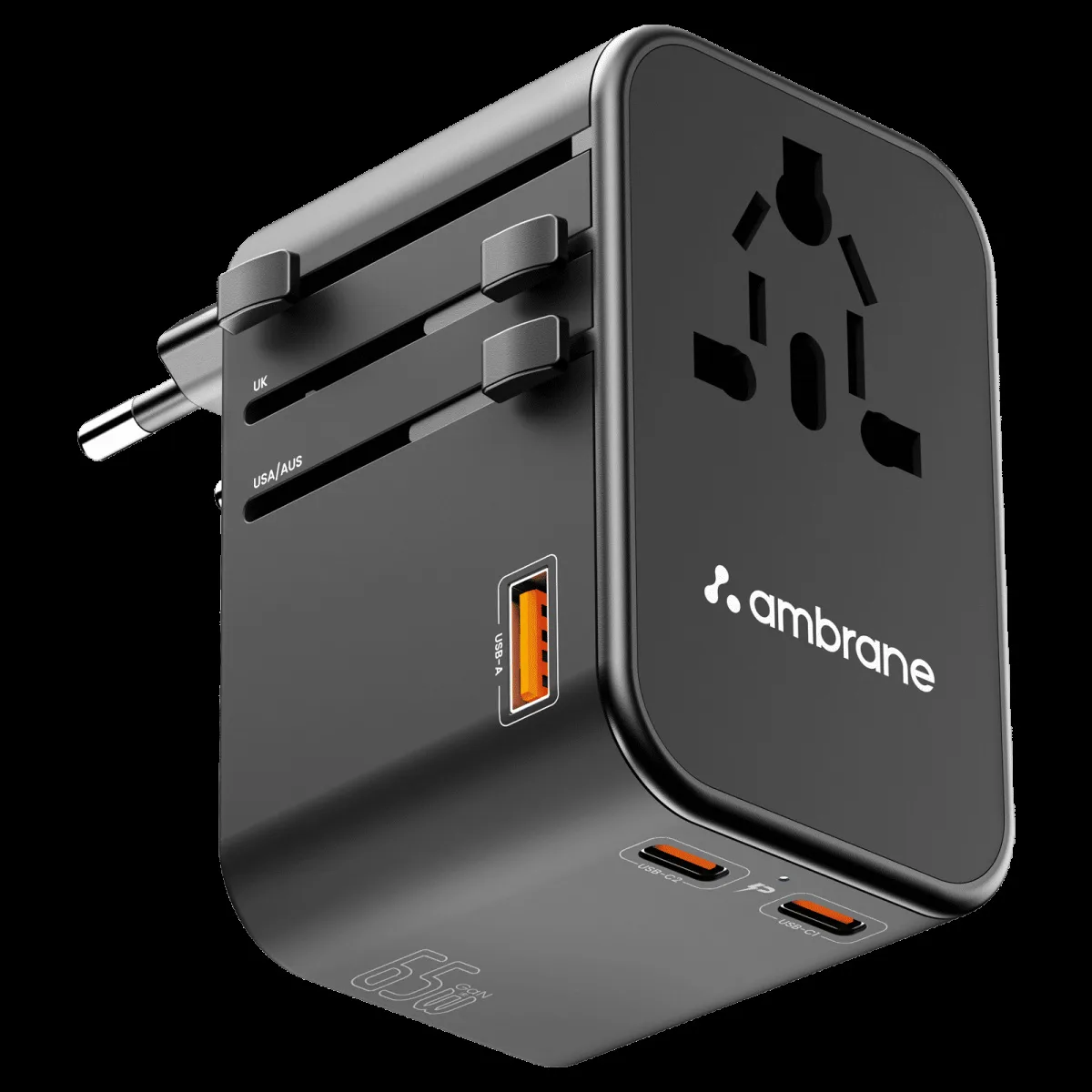 ambrane 3 Plugs Travel Adapter (With USB Port, ATA-02, Black)