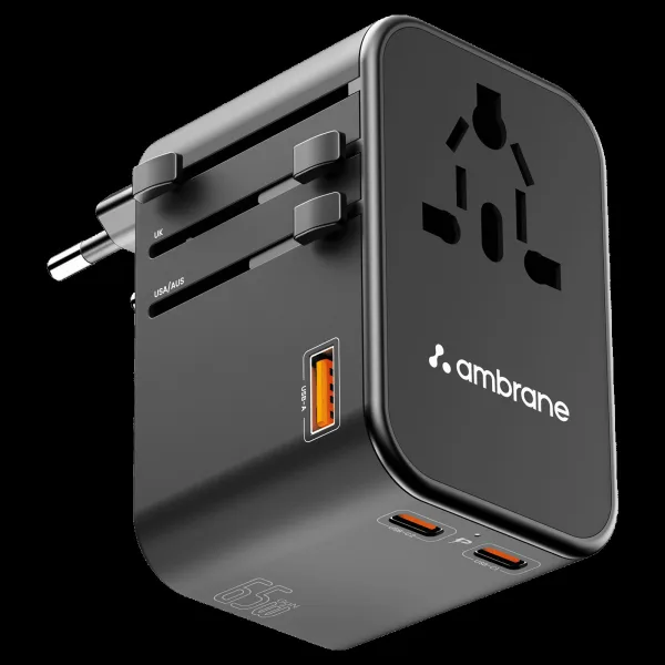 ambrane 3 Plugs Travel Adapter (With USB Port, ATA-02, Black)