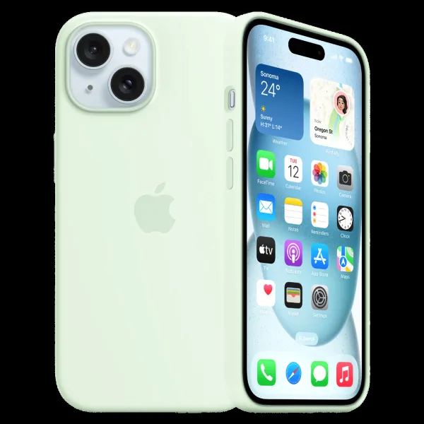 Apple Soft Silicone Back Cover for Apple iPhone 15 (Supports Wireless Charging, Soft Mint)