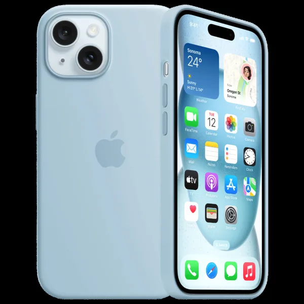 Apple Soft Silicone Back Cover for Apple iPhone 15 Plus (Supports Wireless Charging, Light Blue)
