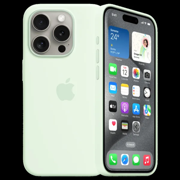 Apple Soft Silicone Back Cover for Apple iPhone 15 Pro Max (Supports Wireless Charging, Soft Mint)