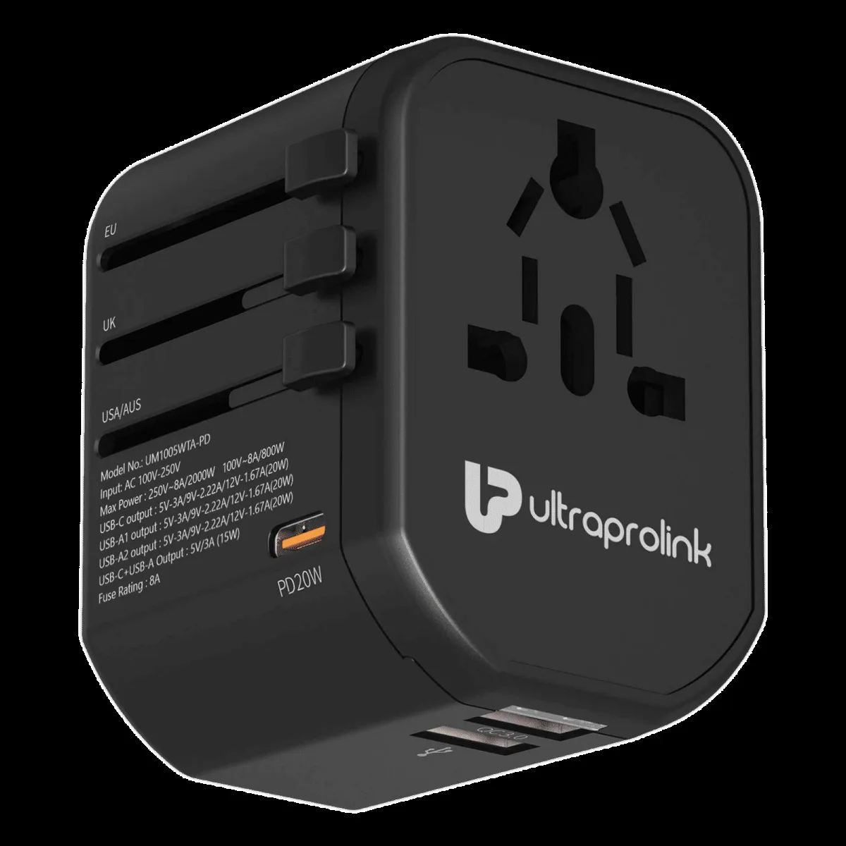 ultraprolink TravelMate 3 Plugs Travel Adapter (Worldwide Voltage Compatible, UM1005WTA-PD, Black)