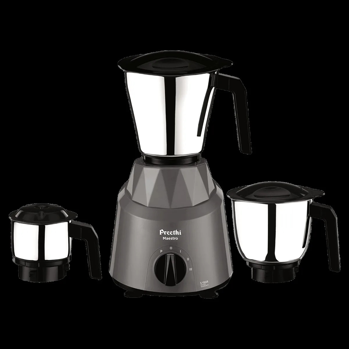 Preethi Maestro 750 Watt 3 Jars Mixer Grinder (18000 RPM, Stainless Steel Jars, Grey)