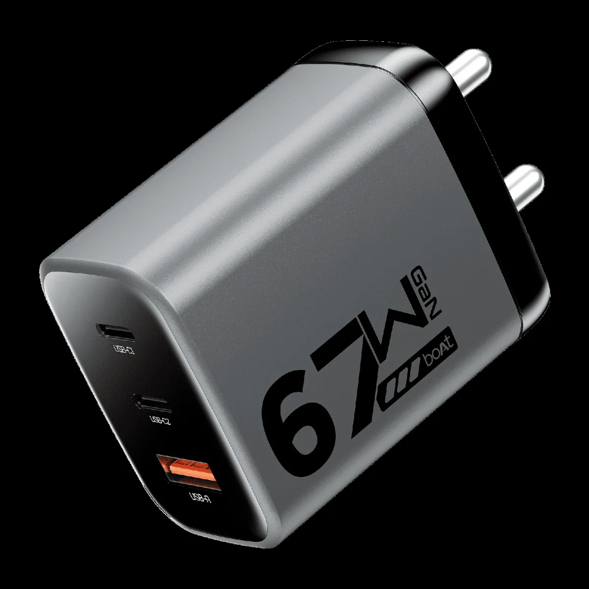 boAt 67W Type A & Type C 3-Port Fast Charger (Adapter Only, 12-Layer Smart IC Protection, Ash Grey)