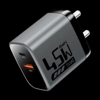 boAt 45W Type A & Type C 2-Port Fast Charger (Adapter Only, 12-Layer Smart IC Protection, Ash Grey)